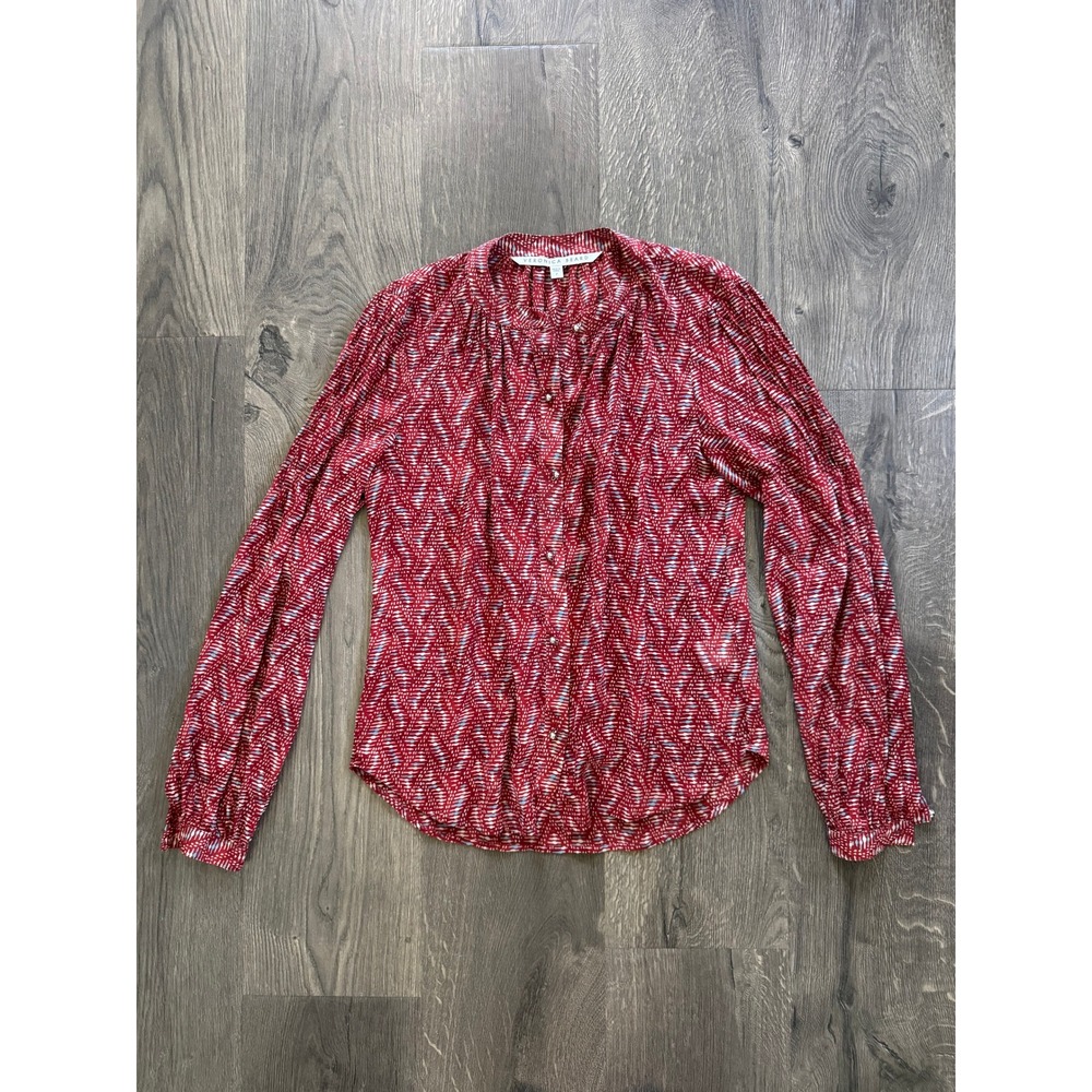 Veronica Beard Nicola Blouse 2 Red Silk Geo Print Metal Ball Buttons Excellent